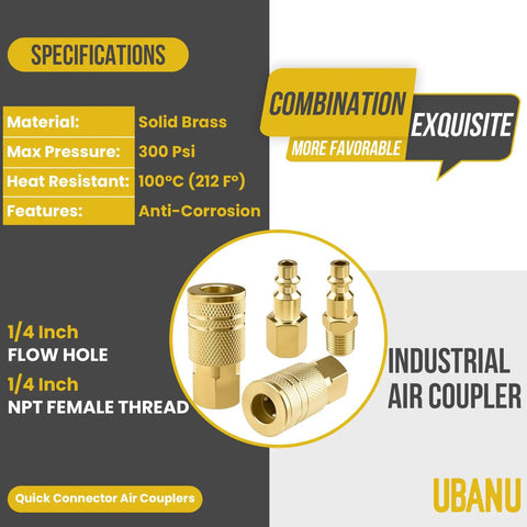 Three Pack One Quarter Inch NPT Brass Air Coupler And Plug Kit With Quick Connect Fittings, Female Internal And External Male Adapters