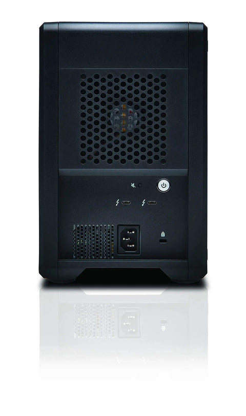 Back view of Top Shelf 16Tb Thunderbolt Portable Solid State Drive Raid Array showcasing connectors and ventilation.