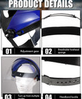 4 Pack Safety Face Shields For Grinding And Cutting showing adjustment gear, breathable sponge, and headband buckle, blue