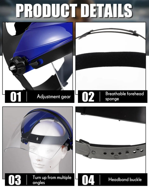 4 Pack Safety Face Shields For Grinding And Cutting showing adjustment gear, breathable sponge, and headband buckle, blue