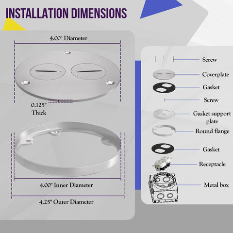 Real Deal Stainless Steel Four Inch Screw Cap Floor Box Cover With Twenty Amp Outlet For Hardwood Tile And Marble Floors No Fuss Clean Install Quick Flush Mount Power Drop installation dimensions diagram.