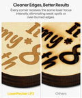 Split-view: LaserPecker LP2 laser engraving on wood; left shows clean edges, right shows rough engraving labeled Others.