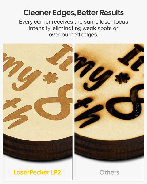 Split-view: LaserPecker LP2 laser engraving on wood; left shows clean edges, right shows rough engraving labeled Others.