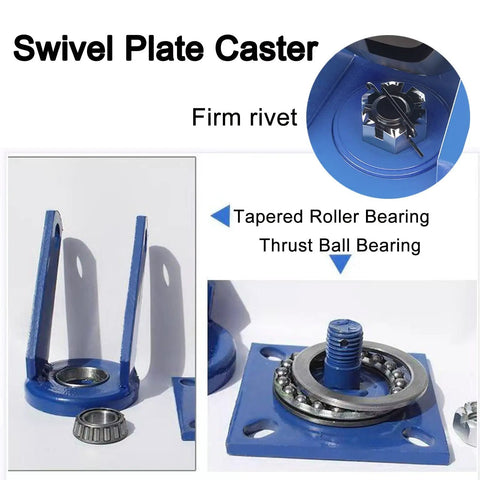 Four Pack Heavy Duty Swivel Plate Caster with Brakes showcasing bearings and steel plate design for industrial use.