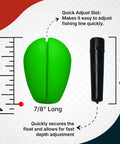 High Visibility Fishing Floats Set With Bright Green Bobber showing 7/8 inch size and quick adjust slot for easy line tracking