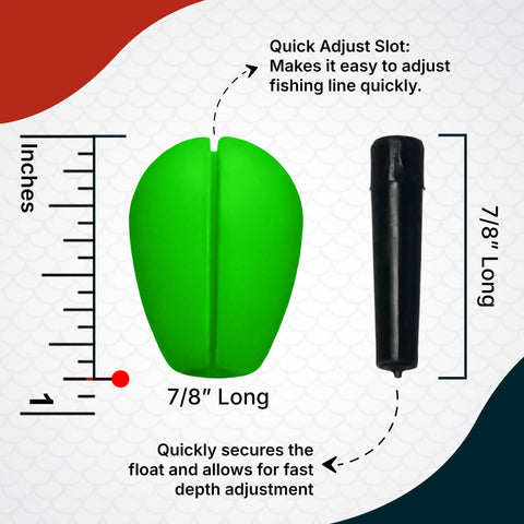 High Visibility Fishing Floats Set With Bright Green Bobber showing 7/8 inch size and quick adjust slot for easy line tracking