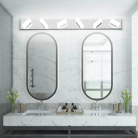 Dimmable 6 Light LED Vanity Fixture For Modern Bathroom Over Mirror, sleek stainless steel bath wall lighting with frosted white acrylic