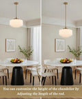 Vintage Brass Milk Glass Pendant Light 13.8in White Pleated Chandelier, E26 above a dining table, adjustable height in two views.