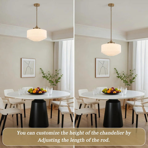 Vintage Brass Milk Glass Pendant Light 13.8in White Pleated Chandelier, E26 above a dining table, adjustable height in two views.