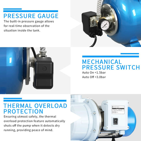 Powerful 1.5HP Shallow Well Pump With Pressure Tank showcasing pressure gauge, mechanical switch, and thermal overload protection.