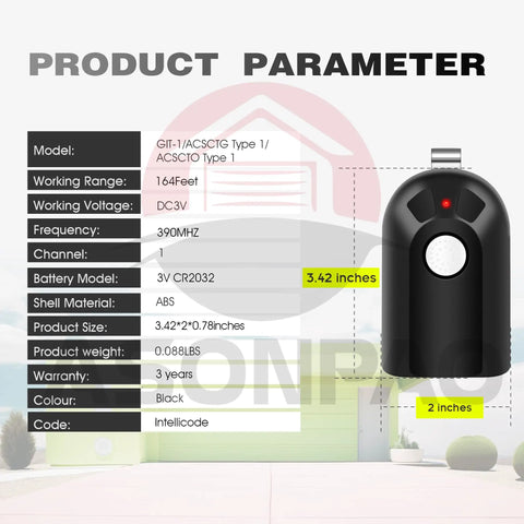Product specifications for Universal 390MHz Intellicode Garage Door Opener Remote Replacement next to black garage remote
