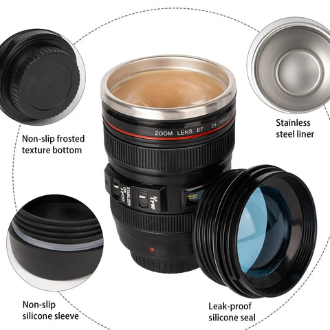 Camera Lens Coffee Mug Travel Cup Stainless Steel Lens Mug Thermos With Lid And Spoon Two Lids Leakproof Design components