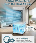 10 Gallon Swamp Cooler Evaporative Air Cooler Portable AC Unit for Room and Outdoor Spaces displayed indoors showing 10GAL water tank.