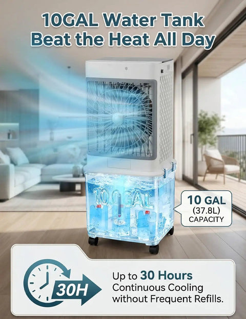 10 Gallon Swamp Cooler Evaporative Air Cooler Portable AC Unit for Room and Outdoor Spaces displayed indoors showing 10GAL water tank.