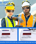 Two workers wear 12 Pack ANSI Z87.1 Safety Glasses For Men And Women, showing UV 400 protection and impact resistance.