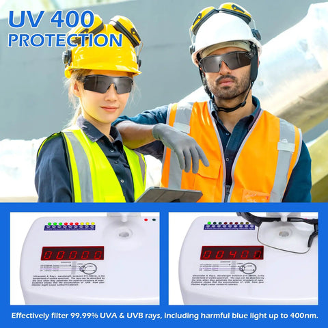 Two workers wear 12 Pack ANSI Z87.1 Safety Glasses For Men And Women, showing UV 400 protection and impact resistance.