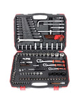 Premium Auto Combination Wrench Set Packing Slick Ratchet Pawl Sockets Hefty Spanner And Precision Screwdriver Bits For Your Garage Stash, organized in a sturdy carrying case.