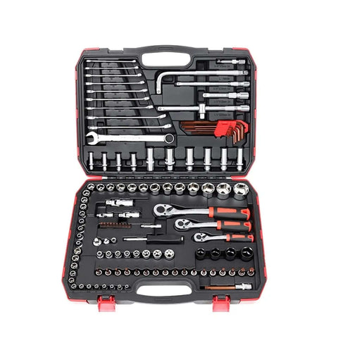 Premium Auto Combination Wrench Set Packing Slick Ratchet Pawl Sockets Hefty Spanner And Precision Screwdriver Bits For Your Garage Stash, organized in a sturdy carrying case.