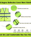 Hi Vis Construction Safety Vests 10 Pack Yellow Reflective Vests With Pockets For Men And Women showing fabric and features diagram