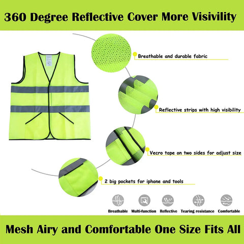 Hi Vis Construction Safety Vests 10 Pack Yellow Reflective Vests With Pockets For Men And Women showing fabric and features diagram