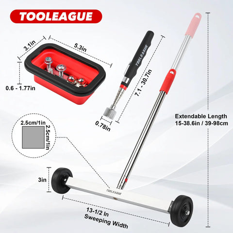17 Inch Rolling Magnetic Sweeper With Wheels And Telescoping Adjustable Handle 10Lb Magnet Roller Magnetic Foldable Tray 15Lb Pickup Pen 3 Piece Magnet Sweeper Set For Quick Metal Cleanup