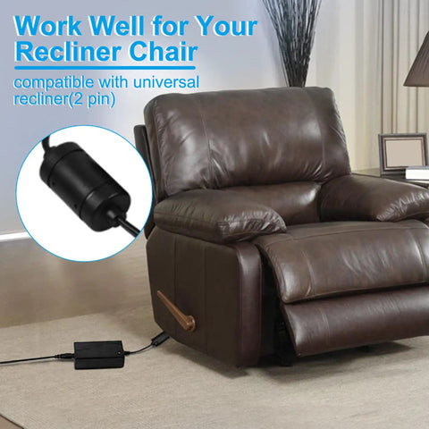 Recliner Power Supply Adapter 29V 2A DC Transformer With Easy Plug And Play Setup For OKIN Limoss Lazboy Pride And More 100-240V AC Input Auto Volt Current Adjust 29V And 24V DC Output Replacement Part For Home Comfort. Black 2-pin recliner power adapter beside a leather chair.