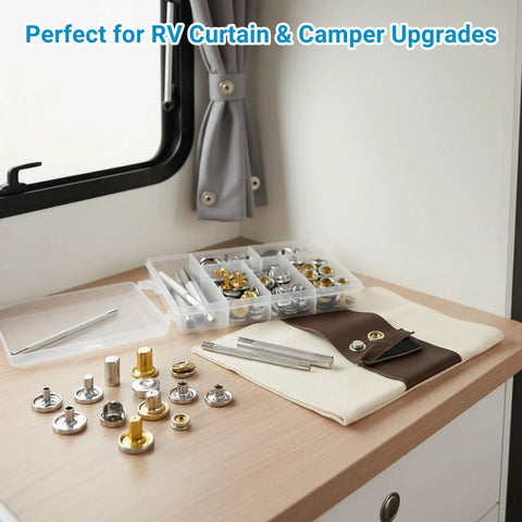 Beefy All In One Heavy Duty Leather Snaps Kit 203 Pieces With 50 Full Sets Half Inch Stainless Steel Fasteners on RV table.