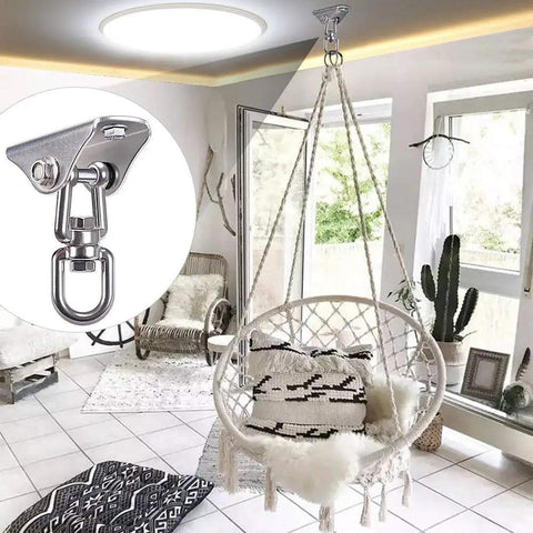 Heavy Duty Stainless Steel Swing Hanger Ceiling Mount With Free Swivel Hook Hardware Kit For Yoga Swing Hammock Chair Porch Swing Sets Up To 1000 Lb Capacity Rustproof SUS 304 installed in modern living room with hanging chair