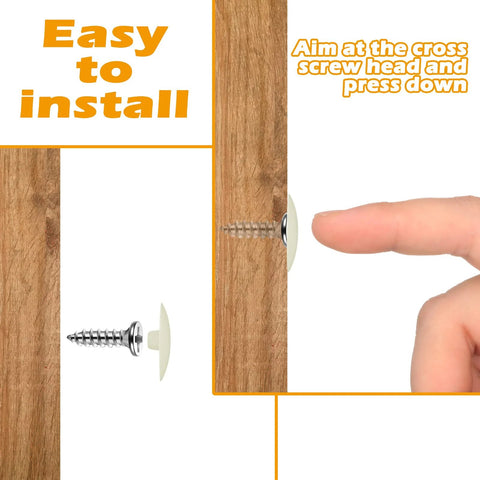 Installation process of 1152 Pcs Self Adhesive Screw Hole Stickers And 120 Pcs Screw Cap Covers Set on wood showing hand pressing cap