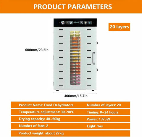 Smooth Operator 20 Layer Food Dehydrator Machine With Quick Temp Dial And 24 Hour Timer front view showing stainless steel design and multiple layers.