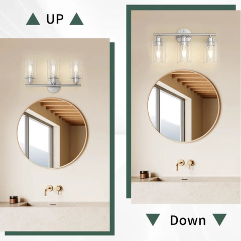 Three Light Brushed Nickel Vanity Light Over Mirror With Glass Shades UL Certified Bathroom Wall Fixture in different positions