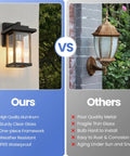 Comparison of Outdoor Wall Sconce With Wood Grain Finish And Black Exterior Light Fixtures Clear Glass Weatherproof Anti Rust Porch Lights For Garage Doorway Entryway Patio And Garden Boss Level Exterior Lighting and competitor product.