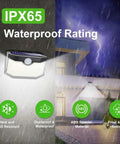Heavy Duty 120 Led Solar Outdoor Wall Lights With Advanced Motion Sense And Three Smart Modes Rock Solid Ip65 Weatherproof Yard Security Spots For Patio Or Driveway Six Pack Black Daylight White showing IPX65 waterproof rating with light in rain.