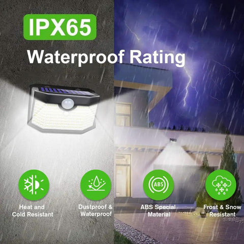Heavy Duty 120 Led Solar Outdoor Wall Lights With Advanced Motion Sense And Three Smart Modes Rock Solid Ip65 Weatherproof Yard Security Spots For Patio Or Driveway Six Pack Black Daylight White showing IPX65 waterproof rating with light in rain.