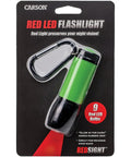 RedSight Red LED Flashlight on black packaging with glow in the dark green grip and carabiner, ideal for night activities.