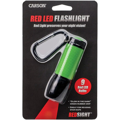 RedSight Red LED Flashlight on black packaging with glow in the dark green grip and carabiner, ideal for night activities.