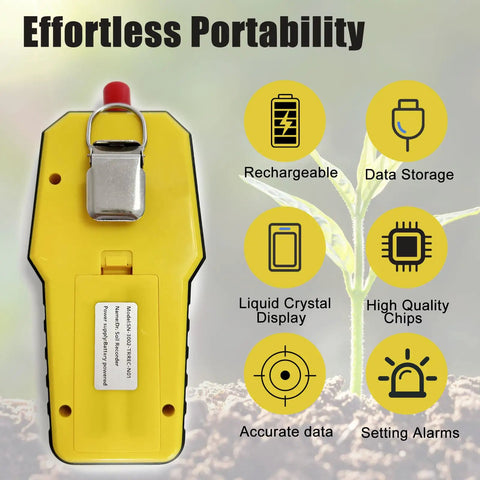 Back view of yellow 7 In 1 Handheld Soil Tester Kit With NPK And pH, showing portability features and functions.