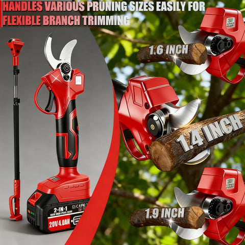 Do It All Cordless Pole Saw Kit featuring 8 inch bar mini chainsaw electric pruning shears with various cutting sizes shown