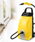 Industrial Steam Cleaner Featuring Adjustable Two Thirty Degree Heat And Seven Heavy Duty Tools in yellow with hose for tough grease cleaning.