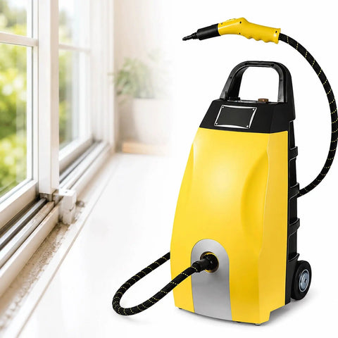 Industrial Steam Cleaner Featuring Adjustable Two Thirty Degree Heat And Seven Heavy Duty Tools in yellow with hose for tough grease cleaning.