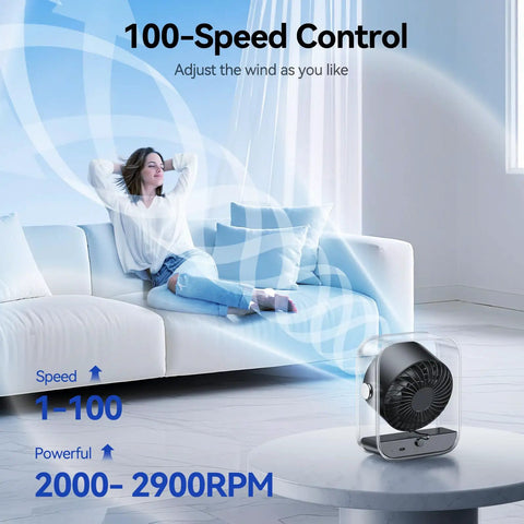 Rechargeable USB Desk Fan With Turbo Airflow And Ultra Quiet 35dB Noise, 100 Speeds in living room setting