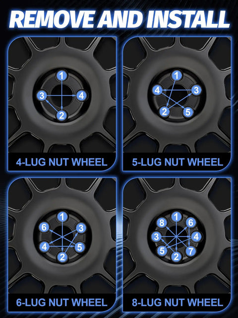 Diagram showing installation order for 4, 5, 6, and 8 lug nut wheels using the 20 Piece M14x1.5 Chrome Lug Nuts Set For Lincoln Edge MKX MKZ Aviator Wheels Replacement One Piece OEM Factory Style No-Fuss 60-Degree Acorn Closed End 7/8 Inch Hex 38.1mm Length Heavy Duty Easy Install.