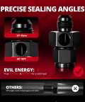 6AN Male Flare To Minus Six Female Swivel Fuel Pressure Takeoff Fitting Adapter Aluminum With One Eighth Inch NPT Gauge Port showcasing precise sealing angles.
