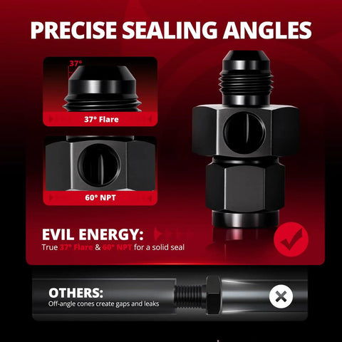 6AN Male Flare To Minus Six Female Swivel Fuel Pressure Takeoff Fitting Adapter Aluminum With One Eighth Inch NPT Gauge Port showcasing precise sealing angles.