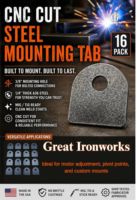 CNC cut Weld On Mounting Tabs Built From A36 Steel One And One Half Inch By One And One Half Inch Tabs With Three Eighths Inch Holes