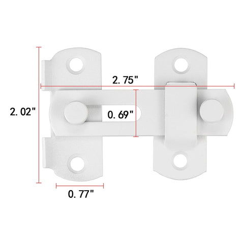 4 Pack Matte White Stainless Steel Barn Door Latches 2.75 Inch By 2.02 Inch Sliding Gate Lock Bi Fold Door Latch For Wine Cabinet And Closet Doors White Finish Durable Rust Resistant Easy To Clean, showing front view and dimensions.