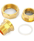 Brass Union Three Quarter Inch NPT Male To Three Quarter Inch NPT Female Pipe Fitting displayed with washer, corrosion-resistant brass
