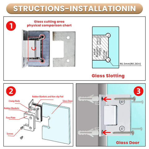 Instructions for installing Heavy Duty Brushed Nickel Glass Shower Door Hinges for 90 Degree Corner Mount, showing glass cutting and slotting.
