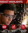 Front view of TICONN safety glasses worn over eyeglasses; anti-fog, adjustable arms; clear lenses with welding sparks.