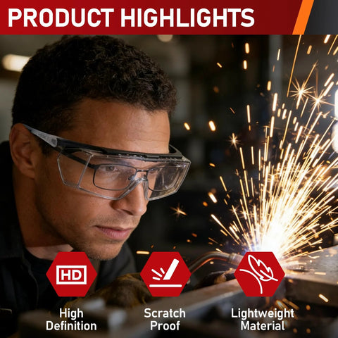 Front view of TICONN safety glasses worn over eyeglasses; anti-fog, adjustable arms; clear lenses with welding sparks.